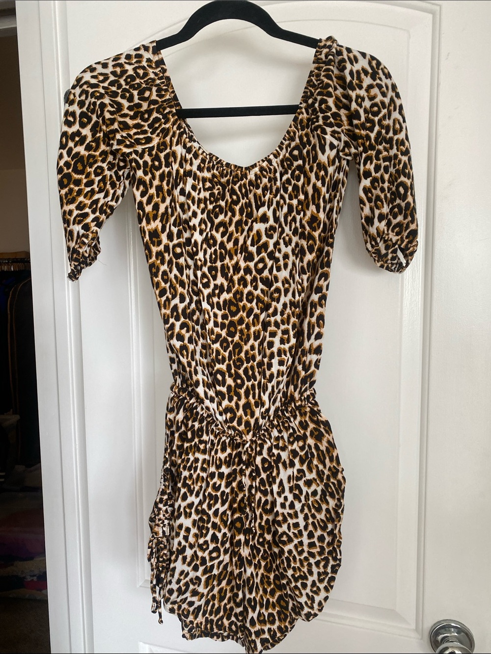 Faithfull the Brand Leopard Print Romper Shorts Off the Shoulder XS